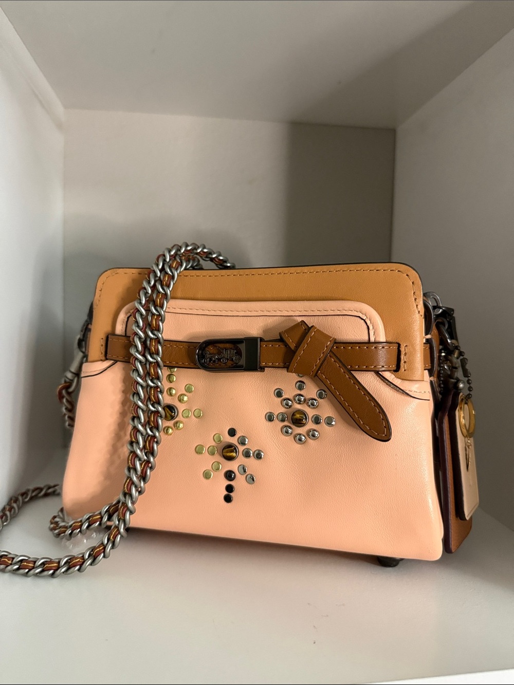 Coach Restored Kate Carryall Peach and Tan Studded Floral Leather Crossbody EUC